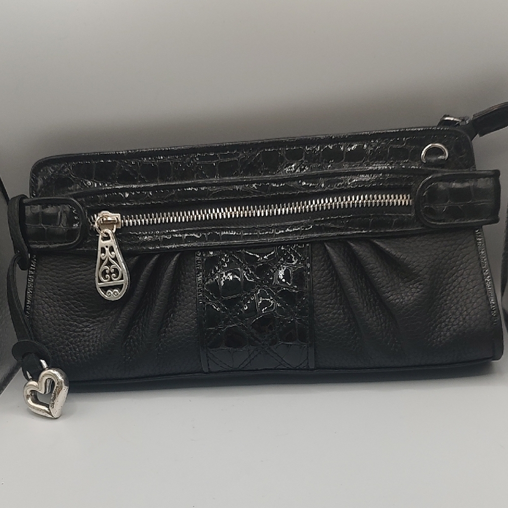Vintage Brighton Black Textured Clutch No Strap Red Satin Lining Heart Charm